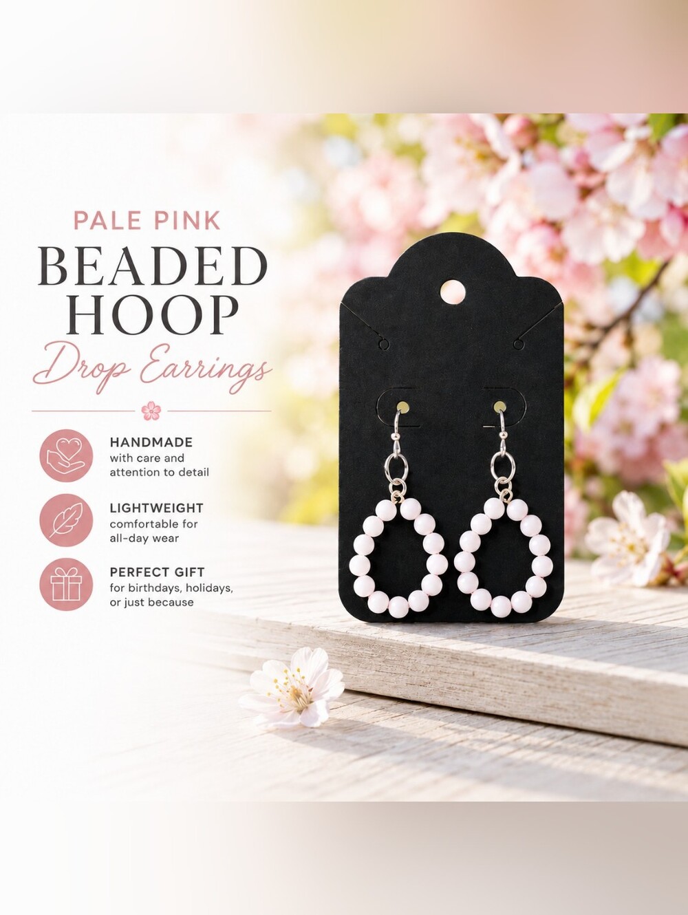 🌸2/$16🌸 Pale Pink Handmade Beaded Hoop Drop Earrings - Women Jewelry - Picture 4 of 6